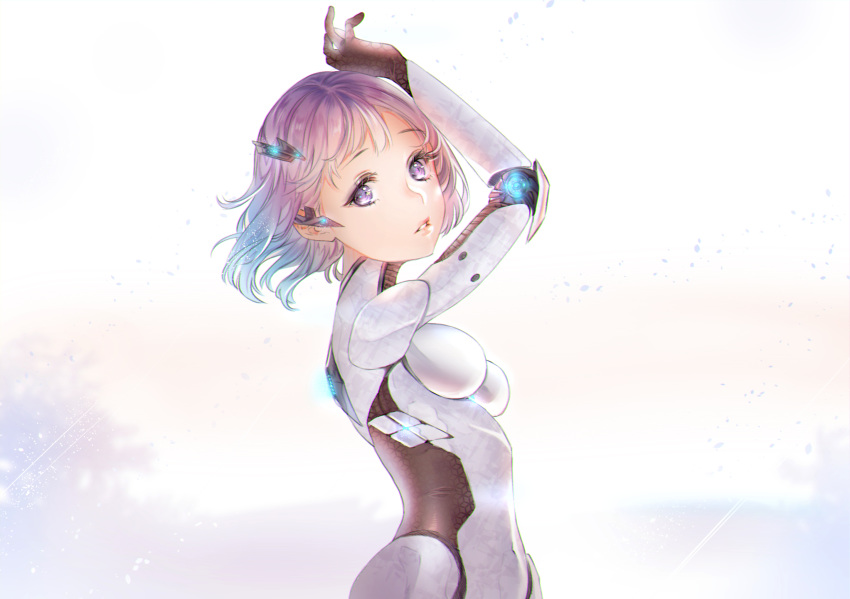 android arm_above_head breasts commentary_request eyebrows_visible_through_hair glowing headgear highres looking_at_viewer medium_breasts original parted_lips pink_hair purple_eyes robot_joints short_hair user_ssje7584