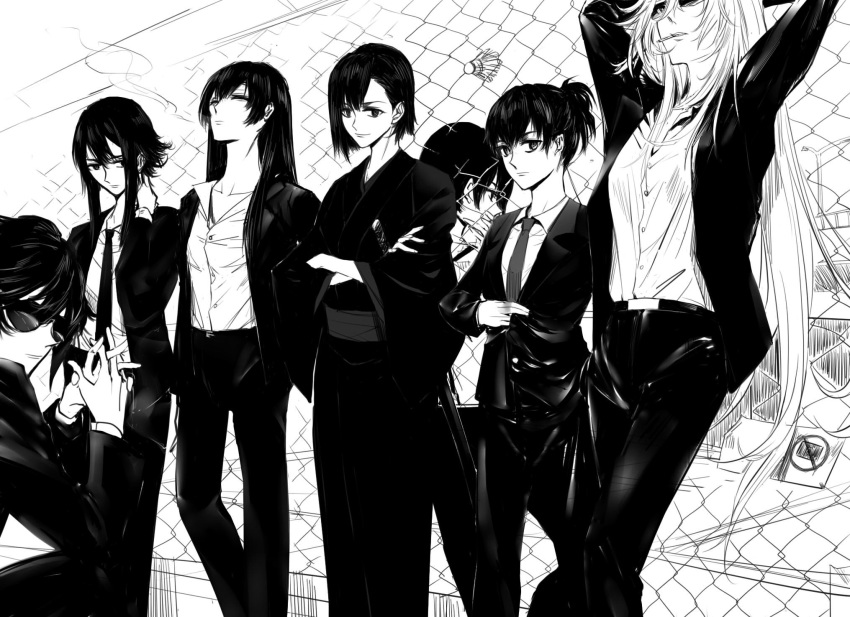 alpha.e aragaki_nagisa arms_behind_head ball black_hair business_suit character_request chikage_yamoto cigarette closed_mouth collarbone connie_christensen crossed_arms crossed_fingers formal glasses greyscale hair_between_eyes hand_on_neck hand_to_own_mouth hanebado! hanesaki_ayano hanesaki_uchika highres jacket japanese_clothes kimono leaning_on_object long_hair looking_at_viewer monochrome multiple_girls necktie pants shirt shiwahime_yuika short_hair sidelocks sitting standing suit sword tennis_ball weapon