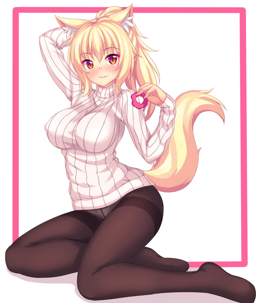 animal_ears arm_up blonde_hair blush breasts cat_ears cat_tail commentary crotch_seam english_commentary eyebrows_visible_through_hair fast-runner-2024 hair_bobbles hair_ornament highres large_breasts long_hair looking_at_viewer original panties panties_under_pantyhose pantyhose red_eyes ribbed_sweater simple_background slit_pupils solo sweater tail thighband_pantyhose tiffy turtleneck turtleneck_sweater tying_hair underwear white_background