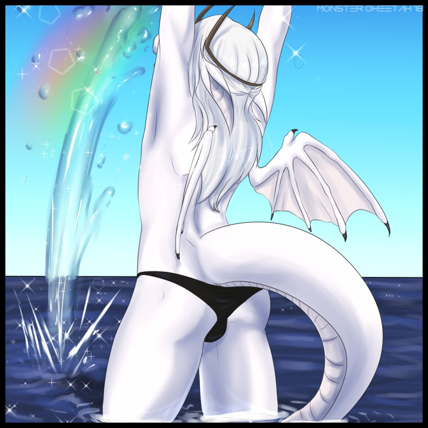 anthro arms_above_head balls_outline biped bulge clothed clothing crown dragon excitedcargoyle hair long_hair male panties partially_clothed partially_submerged rainbow rear_view scales sea sky solo splashing standing swimsuit tasla_venhyle underwear water white_hair white_scales wings wyvern