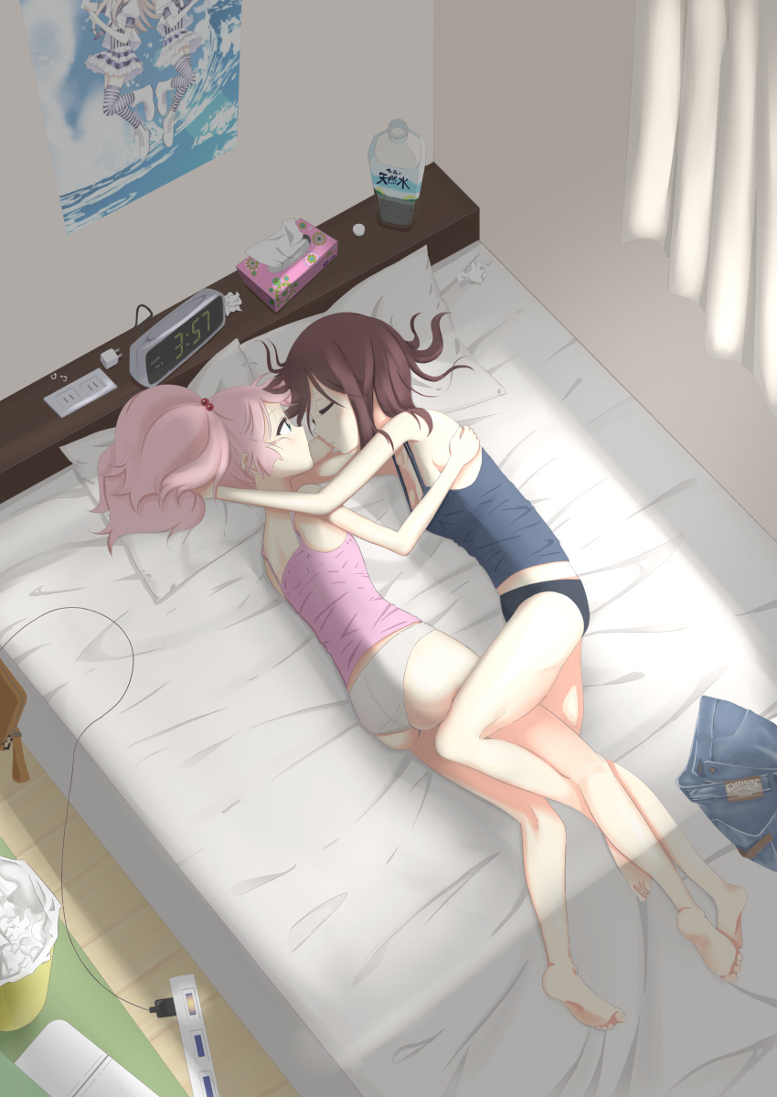 absurdres ass bed black_panties blush breasts brown_hair cleavage closed_eyes funami_yui green_eyes hair_bobbles hair_ornament highres hug medium_breasts multiple_girls ochadzuke open_mouth panties pink_hair sleeping tank_top twintails underwear white_panties yoshikawa_chinatsu yuri yuru_yuri