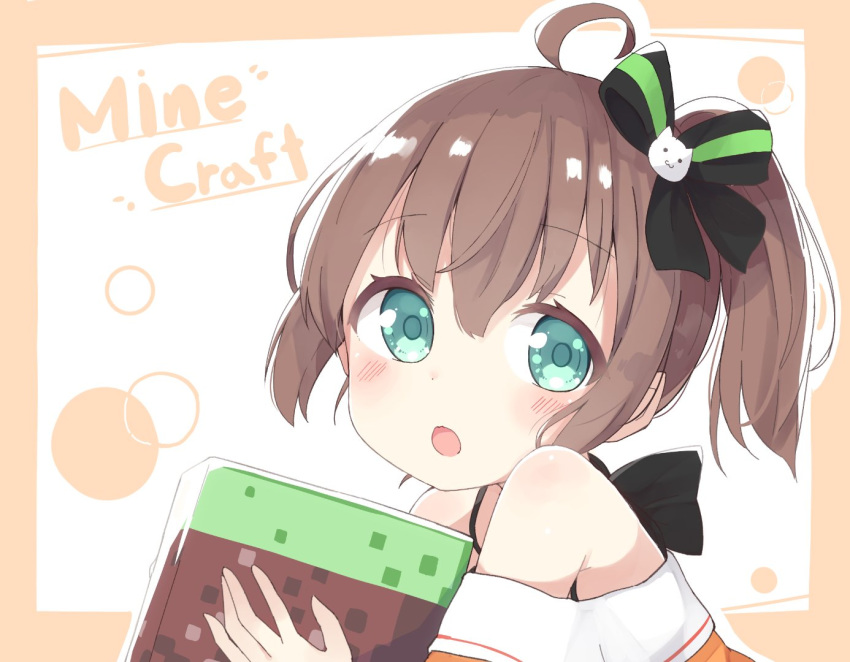 :o ahoge blush brown_hair commentary_request cube hair_ribbon holding hololive looking_at_viewer minecraft natsuiro_matsuri okota_mikan open_mouth portrait ribbon short_hair side_ponytail solo