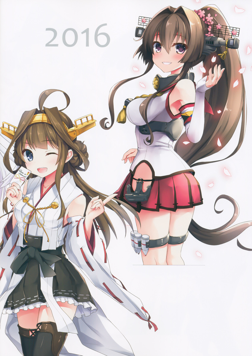 ;d absurdres ahoge anchor bankoku_ayuya bare_shoulders blush breasts brown_hair cherry_blossoms collarbone detached_sleeves double_bun flower hair_flower hair_ornament hairband headgear highres holding japanese_clothes kantai_collection kongou_(kantai_collection) long_hair looking_at_viewer looking_back medium_breasts miniskirt multiple_girls nontraditional_miko one_eye_closed open_mouth parted_lips pleated_skirt ponytail remodel_(kantai_collection) ribbon-trimmed_sleeves ribbon_trim scan shiny shiny_hair simple_background single_thighhigh skirt sleeveless smile thighhighs very_long_hair white_background wide_sleeves yamato_(kantai_collection) zettai_ryouiki