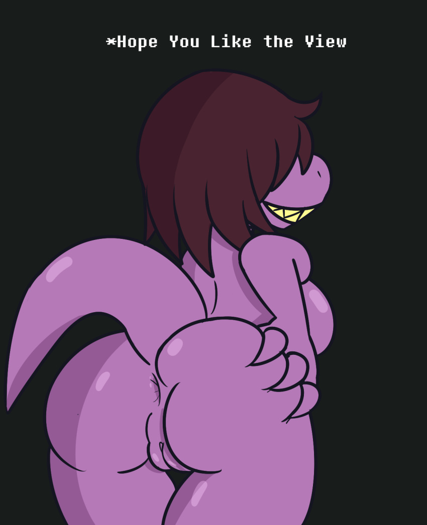 2018 anthro anus big_butt breasts butt deltarune dialogue digital_media_(artwork) english_text female hair monster nude plump_labia presenting presenting_anus presenting_hindquarters presenting_pussy pussy reptile scalie simple_background smile solo spreading susie_(deltarune) teeth text thick_thighs video_games zaldenvire