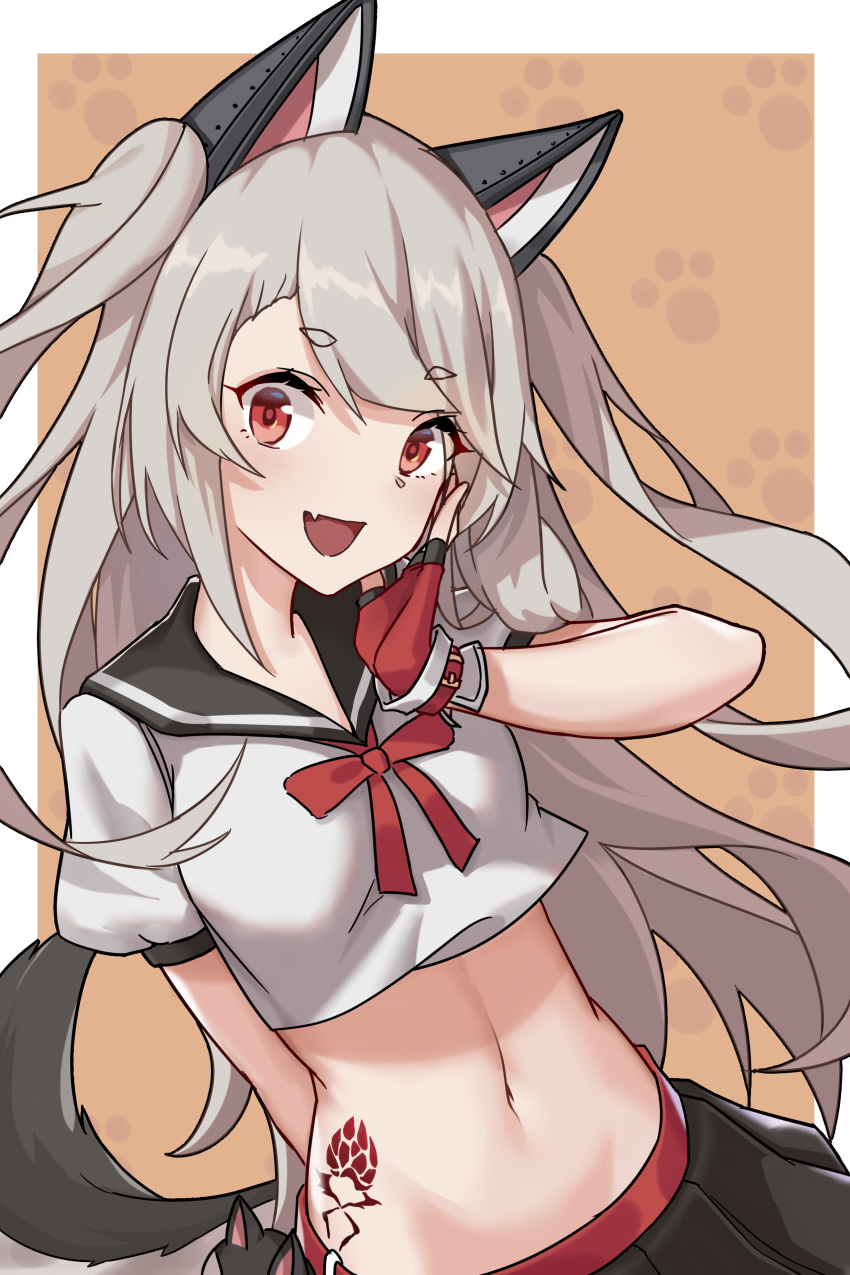 absurdres animal_ears azur_lane bangs commentary_request devil-dantake eyebrows_visible_through_hair fang fingerless_gloves gloves grey_hair hand_on_own_face highres long_hair looking_at_viewer midriff navel open_mouth pleated_skirt red_eyes school_uniform serafuku skirt smile solo tail tattoo two_side_up yuudachi_(azur_lane)