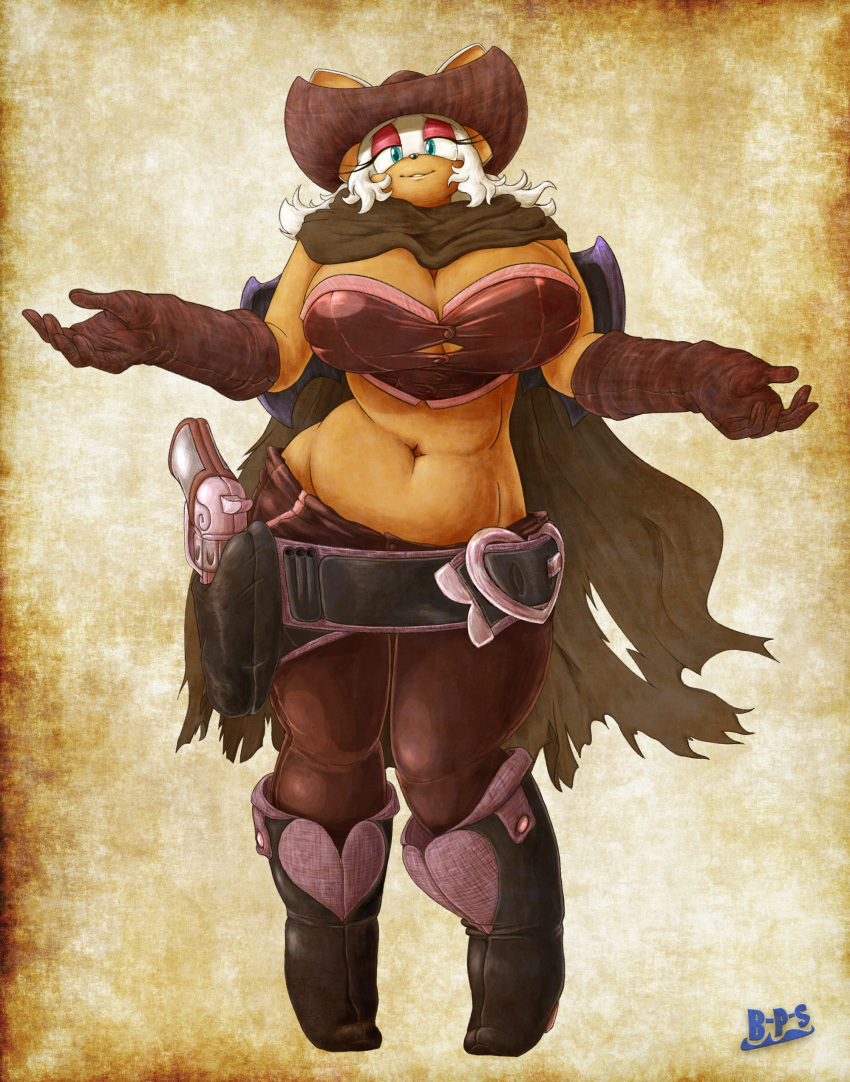 &lt;3 2015 5_fingers anthro bat belt big_breasts black_nose blue-paint-sea blue_eyes boots breasts buckle cape cleavage clothed clothing cowboy cowboy_hat eyelashes female footwear gloves gun hair half-closed_eyes handgun hat hi_res holster looking_at_viewer mammal membranous_wings midriff navel pants ranged_weapon revolver rouge_the_bat sheathed_weapon smile sonic_(series) standing torn_clothing tube_top weapon western white_hair wings