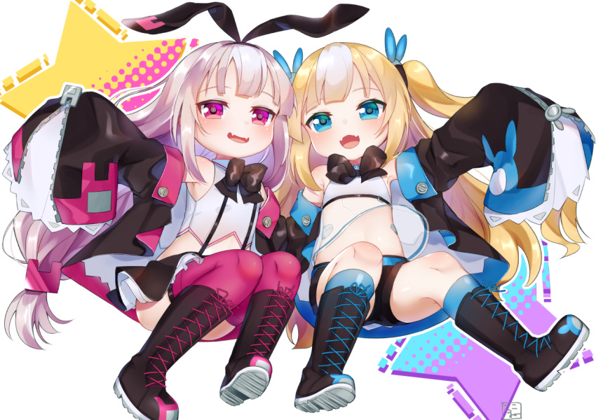 :d azur_lane bangs bare_shoulders black_bow black_footwear black_hairband black_jacket black_ribbon black_shorts black_skirt blonde_hair blue_eyes blue_legwear blush boots bow commentary_request cross-laced_footwear fangs hair_ornament hair_ribbon hairband hobby_(azur_lane) jacket kalk_(azur_lane) knee_boots kneehighs koko_ne_(user_fpm6842) lace-up_boots light_brown_hair long_hair long_sleeves looking_at_viewer multicolored_hair multiple_girls open_clothes open_jacket open_mouth pleated_skirt purple_eyes purple_legwear ribbon see-through shirt shoe_soles short_shorts shorts skirt sleeveless sleeveless_shirt sleeves_past_fingers sleeves_past_wrists smile star streaked_hair suspender_skirt suspenders thighhighs thighhighs_under_boots very_long_hair white_hair white_shirt zipper_pull_tab