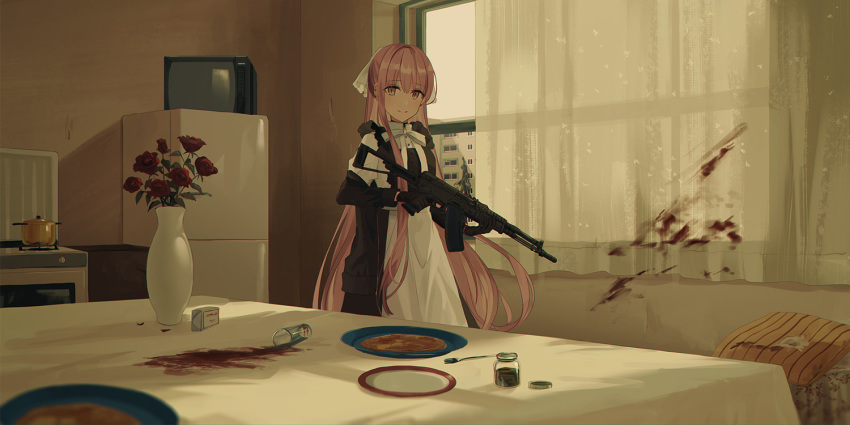 aek-971 apron bangs black_gloves black_jacket black_skirt blood bow brown_eyes building chihuri closed_mouth commentary_request curtains dress_shirt eyebrows_visible_through_hair flower food fork gloves gun hair_between_eyes hair_ribbon holding holding_gun holding_weapon indoors jacket long_hair long_sleeves open_clothes open_jacket original pillow pink_hair plate puffy_short_sleeves puffy_sleeves red_flower red_rose refrigerator ribbon rose shirt short_over_long_sleeves short_sleeves skirt sky smile solo standing stove table television transparent vase very_long_hair weapon white_apron white_bow white_ribbon white_shirt window