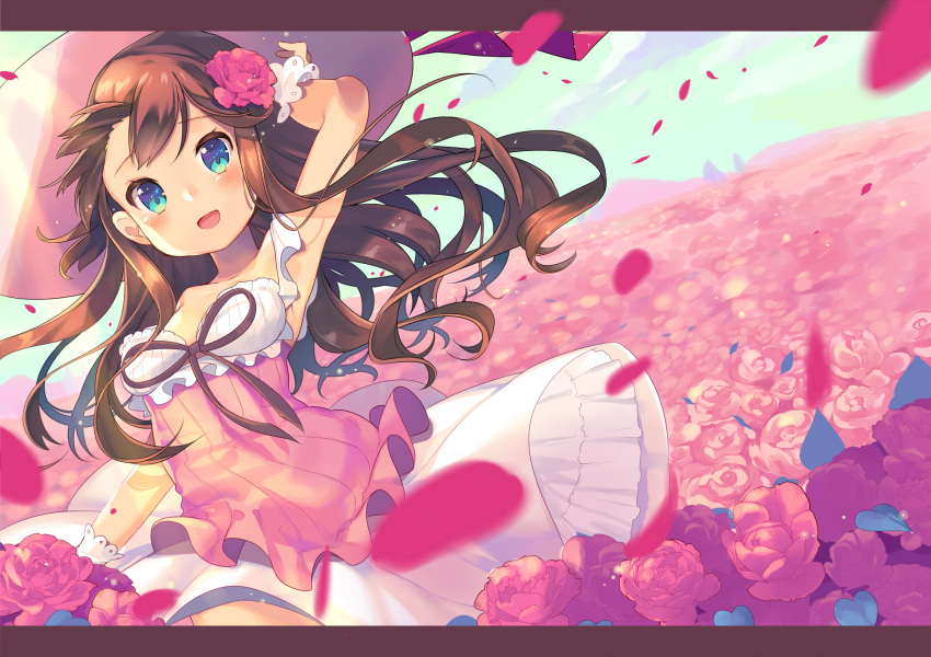 :d aqua_eyes arm_up armpits bangs blush breasts brown_hair brown_neckwear commentary_request cover cover_page day doujin_cover dress field flower flower_field hair_flower hair_ornament hat highres ikari_(aor3507) letterboxed long_hair looking_at_viewer neck_ribbon open_mouth original outdoors petals pink_flower pink_rose ribbon rose small_breasts smile solo wrist_cuffs