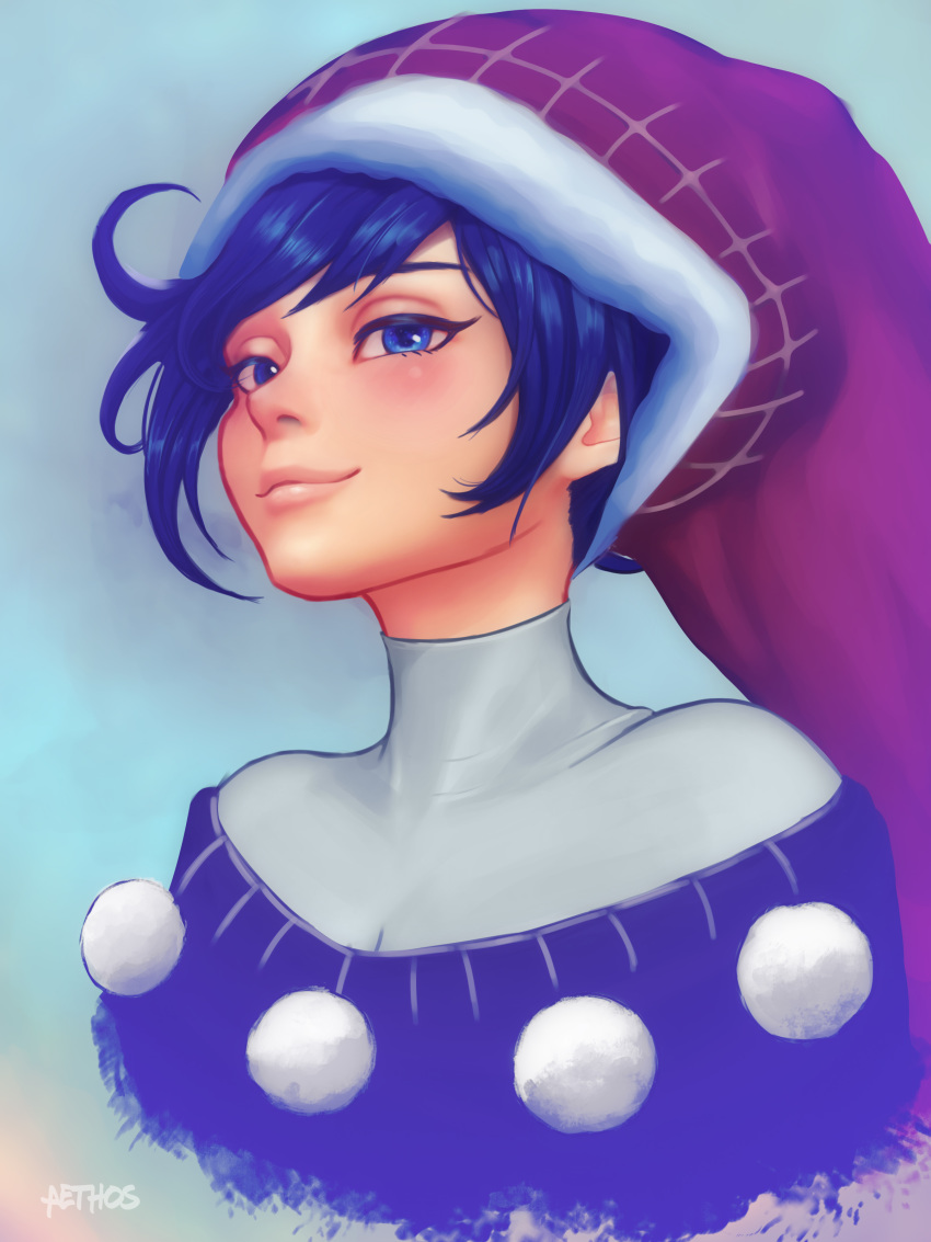 absurdres aethos artist_name black_dress blue_eyes blue_hair closed_mouth doremy_sweet dress eyelashes half-closed_eyes hat highres lips looking_at_viewer nightcap nose pom_pom_(clothes) red_hat short_hair smile smug solo touhou turtleneck upper_body