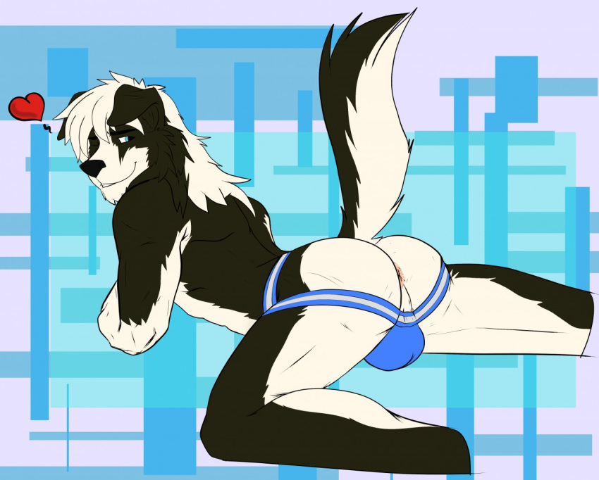 &lt;3 2018 anthro anus balls blue_eyes butt canine clothing dog donkles jockstrap looking_back male mammal one_eye_closed presenting presenting_anus presenting_hindquarters raised_tail simple_background smile solo spread_legs spreading underwear wink
