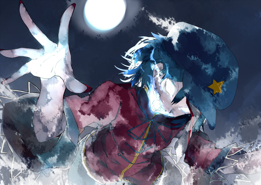 beret blank_eyes blue_hair chinese_clothes commentary_request dutch_angle fingernails fog full_moon glowing glowing_eyes glowing_mouth hands_up hat ikurauni jiangshi miyako_yoshika moon nail_polish night night_sky ofuda open_mouth pale_skin red_nails shirt sky solo star touhou upper_body