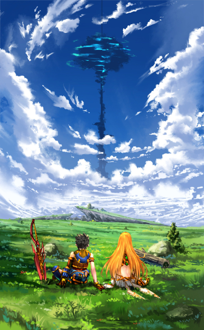 1girl absurdres arm_at_side arm_support armlet ass blue_sky brown_gloves brown_hair bush cloud commentary_request day error field from_behind gloves grass highres hikari_(xenoblade_2) planted_sword planted_weapon poteto_(potetosarada123) rex_(xenoblade_2) rock scenery short_hair sitting sky sword touching tree weapon xenoblade_(series) xenoblade_2