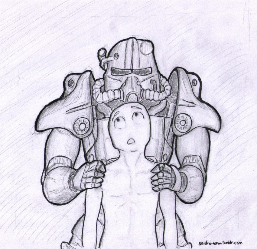 armor duo fallout hi_res humanoid machine male monochrome not_furry open_mouth power saidra video_games