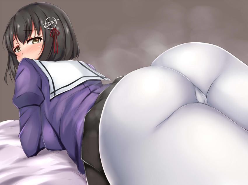 ass black_hair black_skirt blush breasts brown_eyes commentary_request embarrassed eyebrows_visible_through_hair from_behind grey_background haguro_(kantai_collection) hair_ornament hairclip highres jacket kantai_collection large_breasts long_sleeves looking_at_viewer looking_back lying on_bed on_stomach pantyhose purple_jacket short_hair simple_background skirt solo terakoya white_legwear