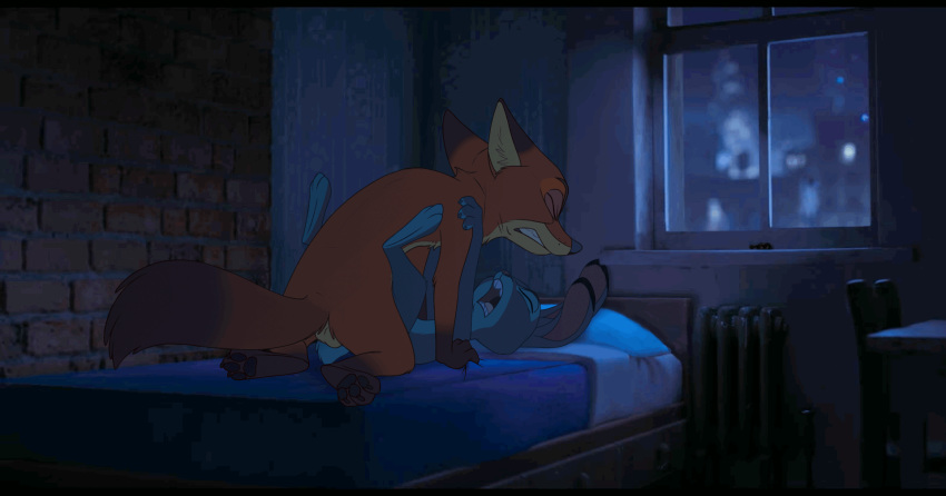 2018 animated anthro anvil_position backsack balls bed brown_fur buckteeth canine clenched_teeth dark detailed_background dipstick_tail disney duo eyes_closed female fox fur gloves_(marking) grey_fur hi_res inside interspecies judy_hopps kneeling lagomorph larger_male legs_up looking_pleasured lying male male/female mammal markings multicolored_fur multicolored_tail nick_wilde night nude on_back on_bed on_top open_mouth orange_fur pawpads paws predator/prey rabbit sex size_difference smaller_female socks_(marking) table tan_fur teeth the_giant_hamster tongue two_tone_fur window zootopia