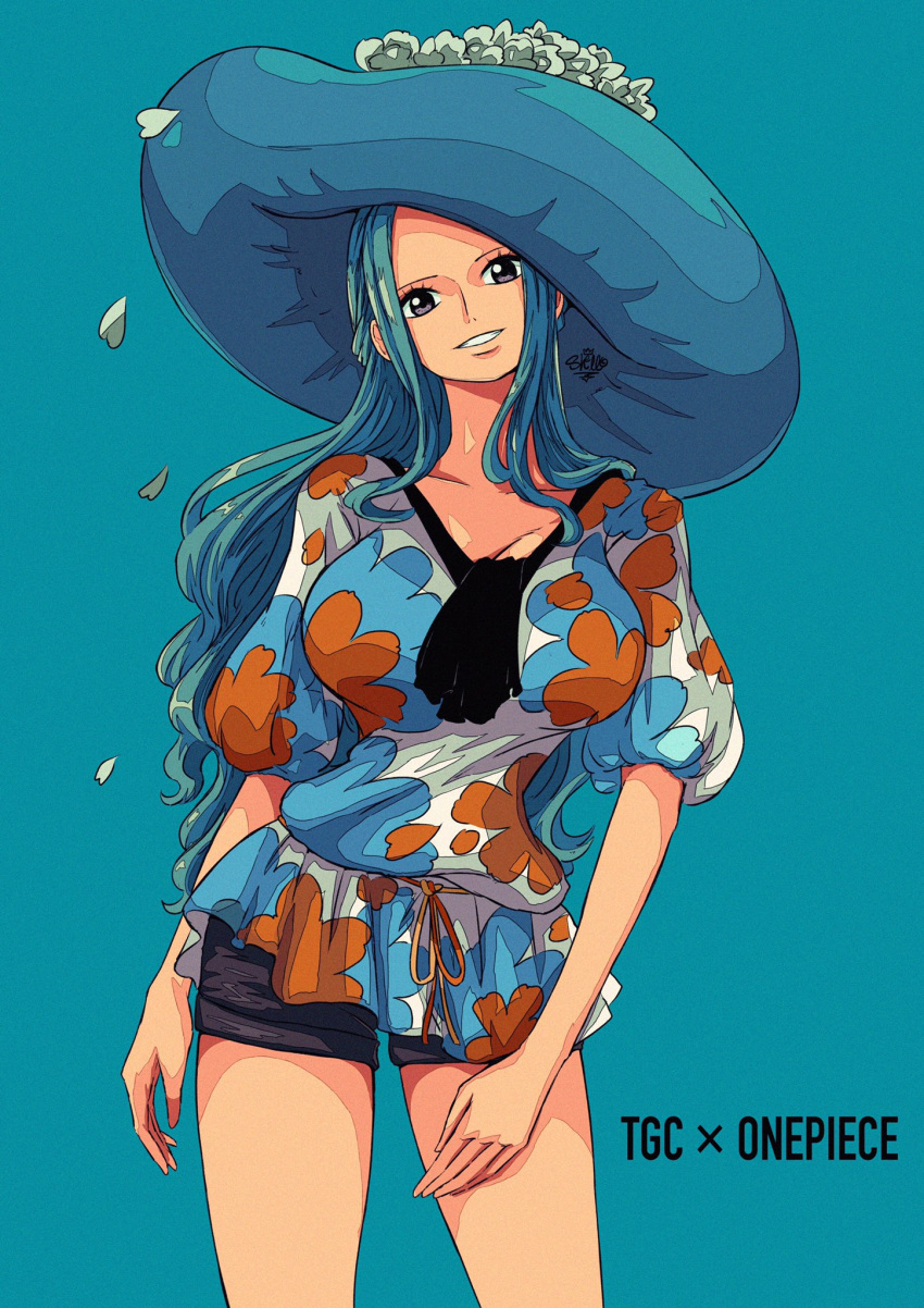 arm_at_side ascot black_eyes black_neckwear black_shorts blouse blue_background blue_hair breasts copyright_name cowboy_shot flat_color flower grey_eyes hat hat_flower head_tilt highres large_breasts large_hat long_hair looking_at_viewer multicolored multicolored_clothes nefertari_vivi one_piece parted_lips petals puffy_short_sleeves puffy_sleeves sherumaru_(korcht06) short_shorts short_sleeves shorts signature simple_background smile solo teeth tilted_headwear