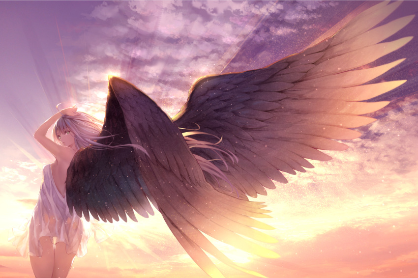 aqua_eyes arms_up bare_shoulders blue_sky cloud dress eyebrows_visible_through_hair feathered_wings from_behind long_hair looking_at_viewer looking_back open_mouth original ryouku see-through sky solo standing sunrise white_dress white_hair wind wings