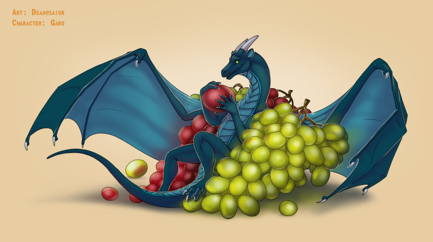 2018 3_toes 4_fingers barefoot belly_scales blue_scales claws deanosaior digital_media_(artwork) dragon feral food front_view fruit garo_(garoshadowscale) grapes happy hindpaw horn long_neck looking_at_viewer lying male membranous_wings nude orange_background paws quadruped reclining reptile scales scalie shaded shadow simple_background size_difference smile snout solo stripe stripes teal_scales toe_claws toes western_dragon wings