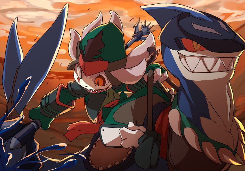 2016 blind_eye clothing digital_media_(artwork) fizz_(lol) hi_res kled_(lol) league_of_legends manmosu_marimo melee_weapon open_mouth outside polearm riot_games smile trident video_games weapon