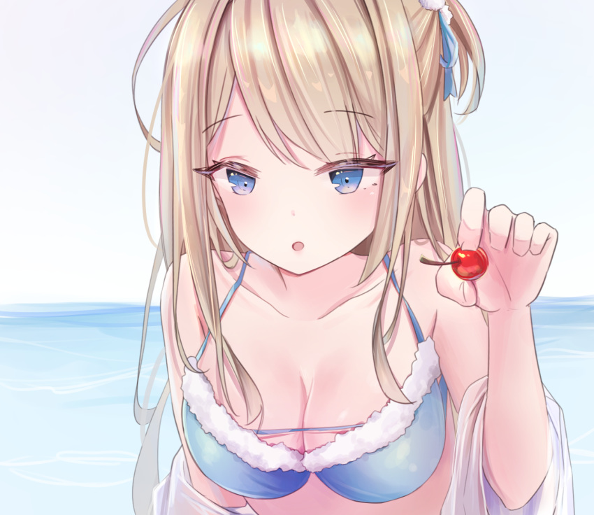 bangs bikini blue_bikini blue_eyes blue_hairband blush breasts cherry cleavage collarbone eyebrows_visible_through_hair food fruit girls_frontline hair_between_eyes hair_ornament hairband highres holding leaning_forward lelsi light_brown_hair long_hair looking_at_viewer off_shoulder one_side_up open_mouth side_bun sidelocks solo standing suomi_kp31_(girls_frontline) swimsuit upper_body water