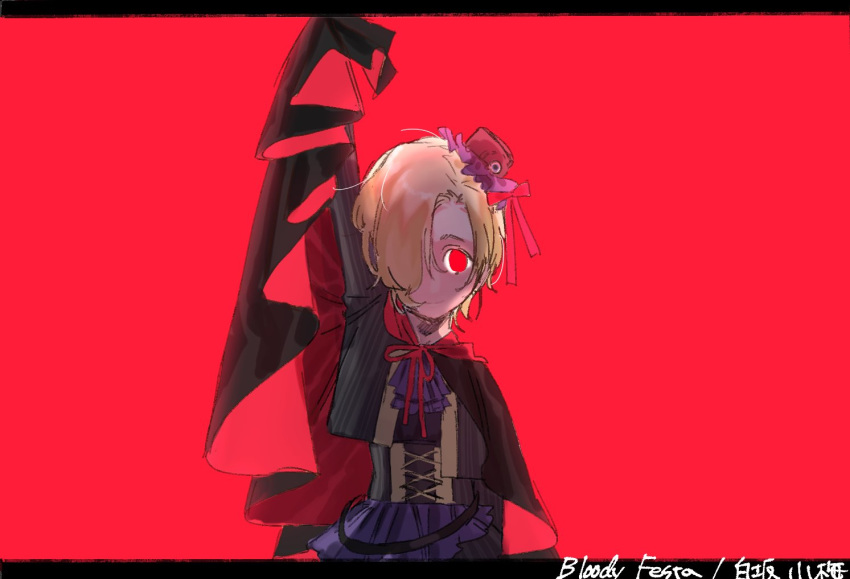 arm_up ascot blonde_hair character_name cloak commentary_request hair_over_one_eye hat idolmaster idolmaster_cinderella_girls jacket letterboxed long_sleeves looking_at_viewer mini_hat red_background red_eyes red_ribbon ribbon shirasaka_koume short_hair simple_background smile solo song_name upper_body yagita_(astronomie)