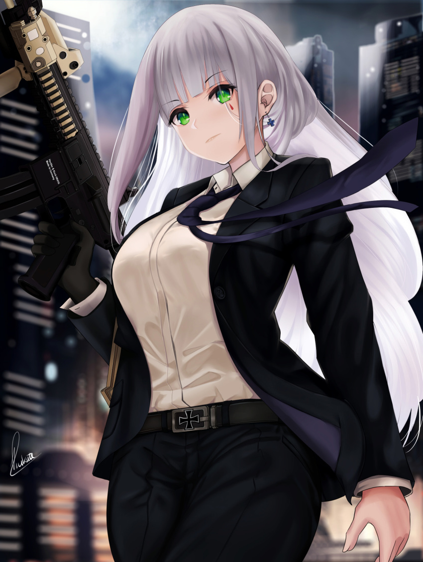 assault_rifle bangs belt black_jacket black_pants blunt_bangs blurry blurry_background blush breasts buckle cityscape closed_mouth collared_shirt commentary cowboy_shot earrings eyebrows_visible_through_hair facial_mark floating_hair girls_frontline gloves green_eyes gun heckler_&amp;_koch highres hk416 hk416_(girls_frontline) holding holding_gun holding_weapon jacket jewelry large_breasts long_hair looking_at_viewer necktie outdoors pants piukute062 rifle shirt sidelocks signature silver_hair solo teardrop very_long_hair weapon white_shirt wind wind_lift