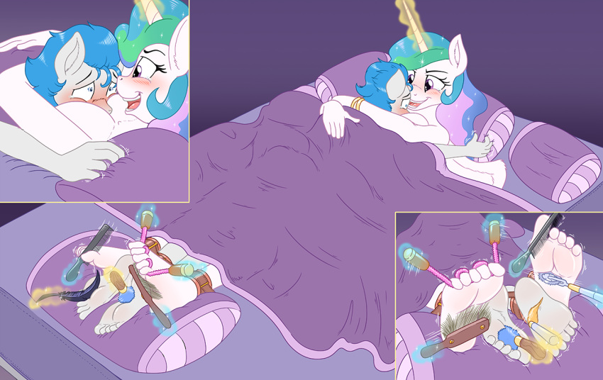 bed blush bound breasts brush caroo cleavage clothed clothing dreamy_daze_(oc) equine feet foot_fetish friendship_is_magic horn lying mammal my_little_pony princess_celestia_(mlp) shackles tears tickle_torture tickling winged_unicorn wings