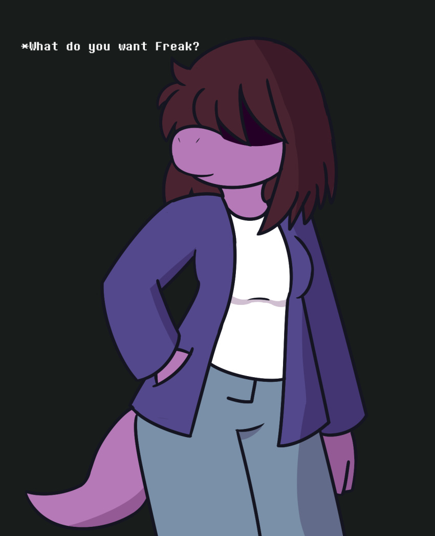 2018 clothed clothing deltarune digital_media_(artwork) english_text female hair invalid_tag monster obscured_eyes reptile scalie simple_background solo susie_(deltarune) text video_games zaldenvire