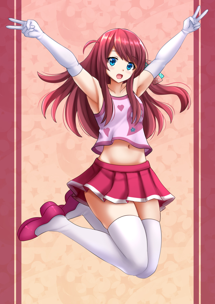 :d arms_up bangs belly_peek blue_eyes blush breasts camisole commentary double_v elbow_gloves eyebrows_visible_through_hair full_body gloves head_tilt heart highres kazenokaze long_hair minamoto_sakura navel one_side_up open_mouth outstretched_arms pink_camisole pleated_skirt red_footwear red_hair red_skirt shoes skirt small_breasts smile solo thighhighs v very_long_hair white_gloves white_legwear zombie_land_saga
