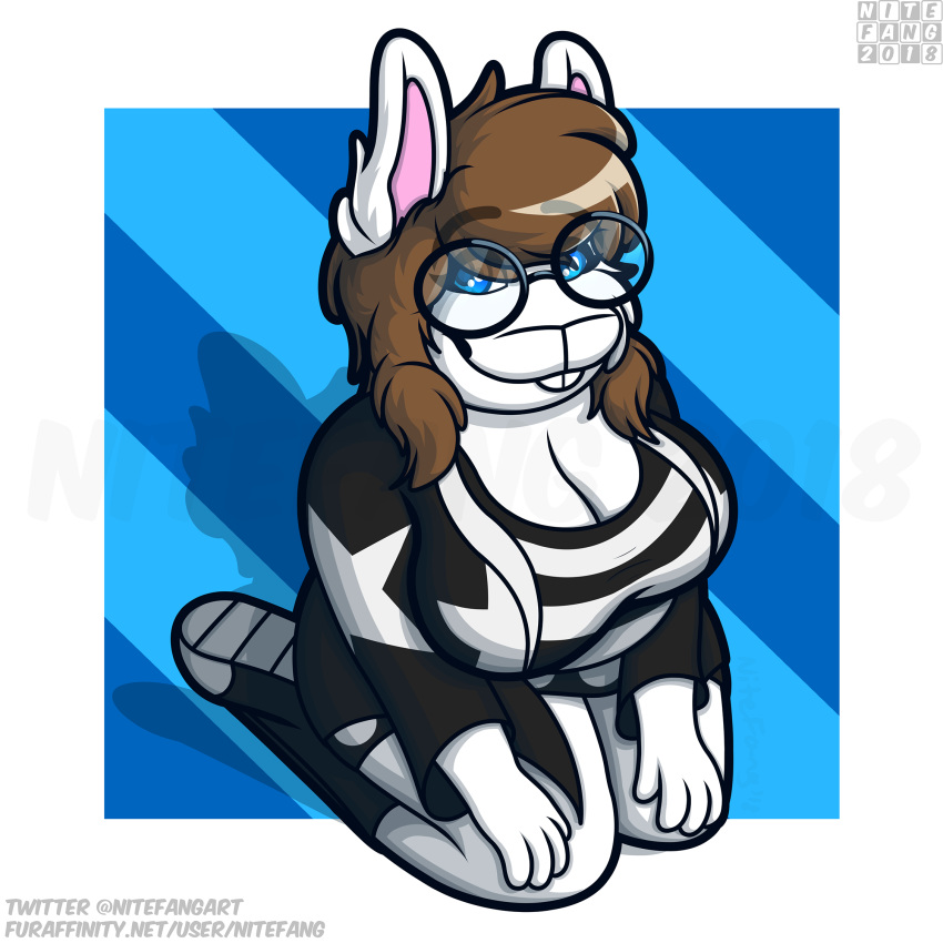 2018 anthro belly big_breasts blue_eyes breasts brown_hair clothing eyewear female fur glasses grin hair hi_res lagomorph mammal nichole_(nitefang) nitefang overweight rabbit sketch slightly_chubby smile solo thick_thighs white_fur