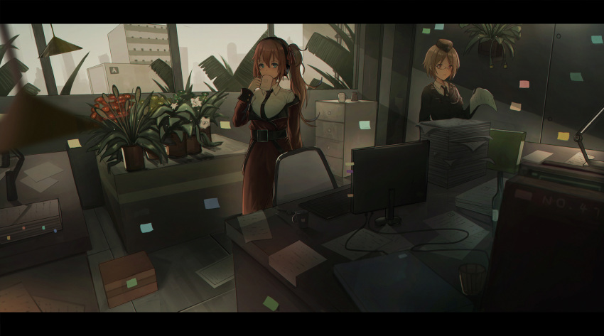 alternate_costume belt black_neckwear blonde_hair blue_eyes breasts brown_eyes chair cityscape coat collared_shirt cup desk desk_lamp drinking eyebrows_visible_through_hair eyewear_on_head fog german_clothes girls_frontline gloves hair_between_eyes hair_ornament hair_ribbon hat highres holding holding_cup holding_paper indoors kalina_(girls_frontline) lamp large_breasts letterboxed long_hair military military_hat military_uniform monitor mp40_(girls_frontline) multiple_girls necktie off_shoulder overcast paper plant potted_plant printer red_coat ribbon shirt short_hair side_ponytail sticky_note sunglasses uniform white_shirt window