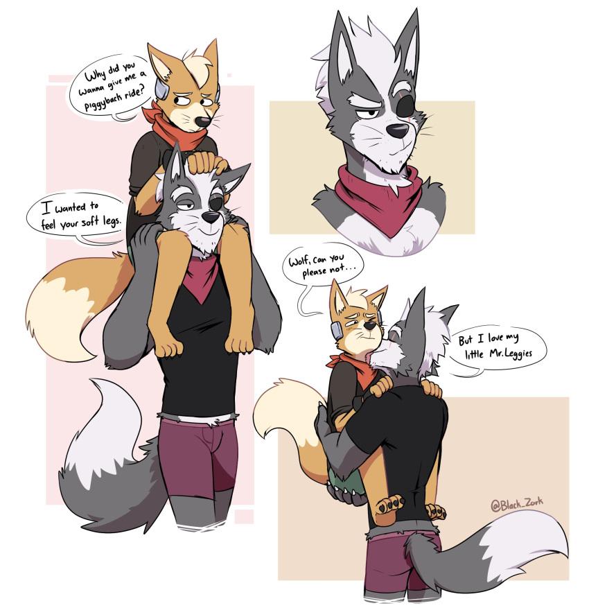 anthro black_zork boxers_(clothing) butt butt_grab canine carrying clothed clothing duo fox fox_mccloud fully_clothed hand_on_butt licking male male/male mammal neck_lick nintendo size_difference star_fox text tongue tongue_out underwear video_games wolf wolf_o'donnell