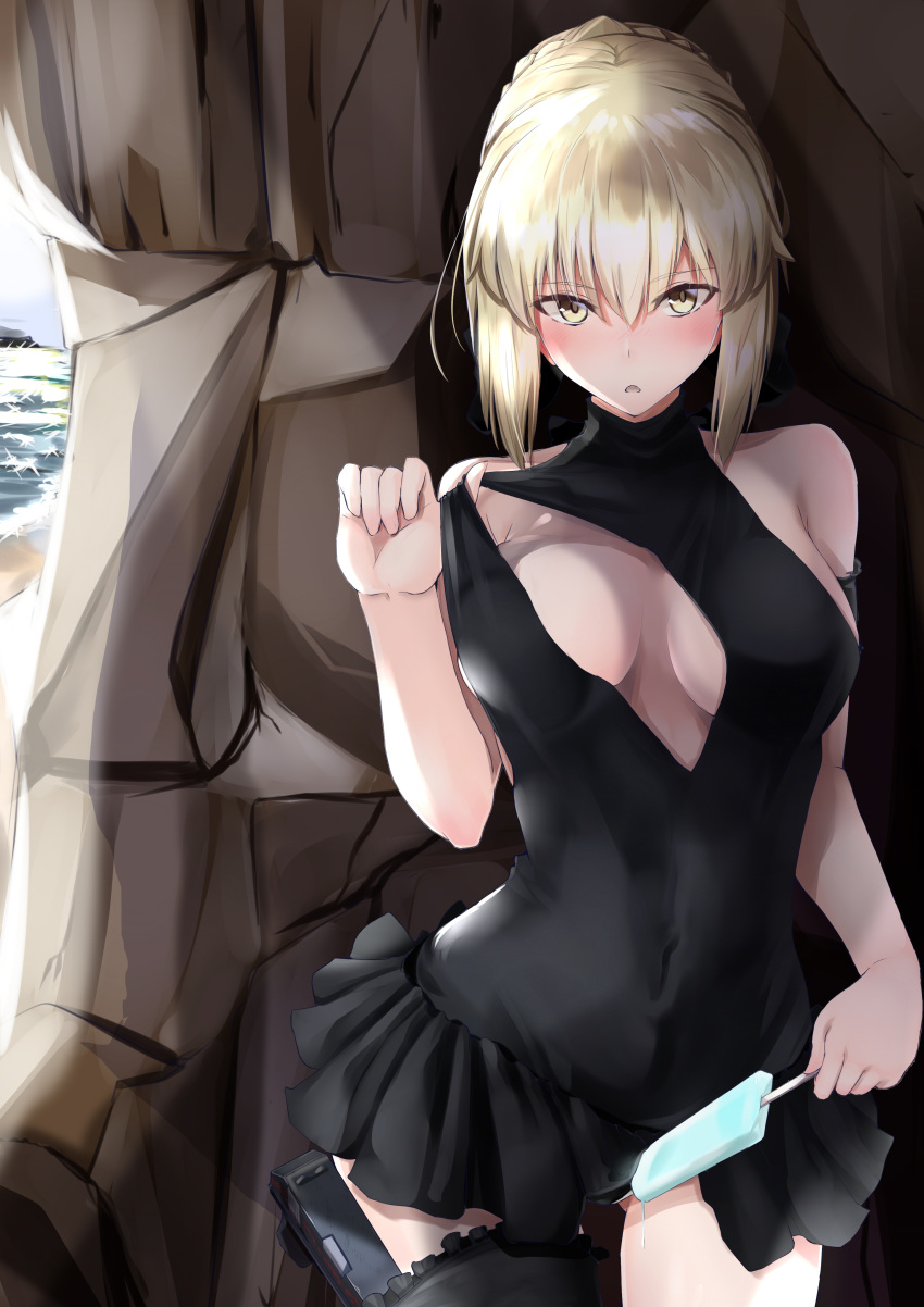 armband artoria_pendragon_(all) ass_visible_through_thighs bangs black_bow black_choker black_legwear blonde_hair blush bow braid breasts breasts_apart casual_one-piece_swimsuit center_opening choker collarbone covered_navel cowboy_shot curtains day dripping eyebrows_visible_through_hair fanbox_reward fate/grand_order fate/stay_night fate_(series) fingernails food french_braid frilled_swimsuit frills glint gun hair_between_eyes hair_bun handgun highres lolita_fashion looking_at_viewer maid_swimsuit medium_breasts ninoude_(ninoude44) one-piece_swimsuit open_mouth outdoors paid_reward pistol popsicle saber_alter shore single_thighhigh standing swimsuit swimsuit_pull thighhighs water waves weapon yellow_eyes