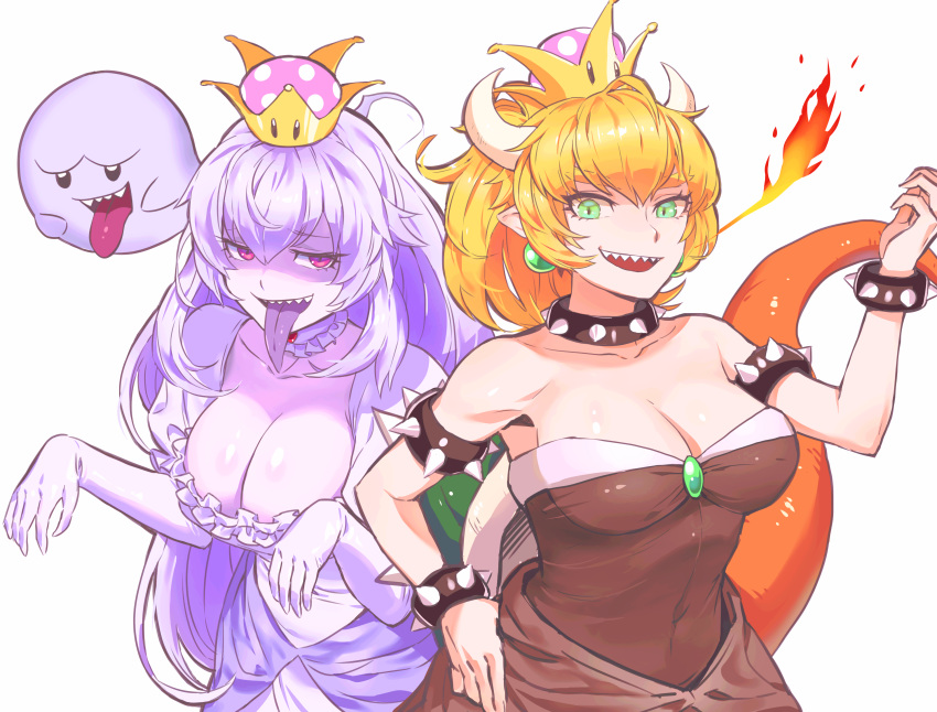 black_collar black_dress blonde_hair boo bowsette bracelet breasts breathing_fire collar covered_navel crown dress earrings eyebrows_visible_through_hair fire frilled_collar frilled_dress frills ghost_pose gloves green_earrings green_eyes hand_up highres horns huge_breasts jewelry large_breasts luigi's_mansion mario_(series) new_super_mario_bros._u_deluxe pale_skin pointy_ears princess_king_boo purple_tongue red_eyes sharp_teeth simple_background spiked_armlet spiked_bracelet spiked_collar spiked_shell spikes strapless strapless_dress super_crown teeth tongue tongue_out turtle_shell upper_body white_background white_dress white_gloves white_hair