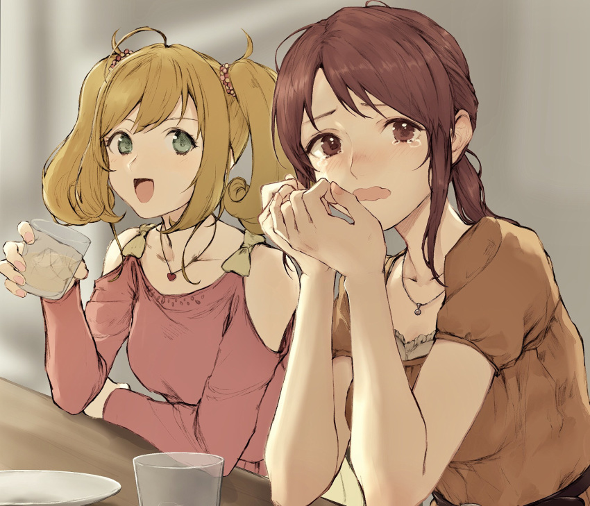 :d ahoge alcohol bangs bare_shoulders blouse blush brown_eyes brown_hair collarbone counter cup glass green_eyes heart heart_necklace highres holding holding_cup ice ice_cube idolmaster idolmaster_cinderella_girls idolmaster_cinderella_girls_starlight_stage jewelry kouzuki_kei light_brown_hair long_hair long_sleeves mifune_miyu multiple_girls nail_polish necklace open_mouth pink_nails plate ponytail satou_shin short_sleeves shoulder_cutout sitting smile swept_bangs tearing_up twintails upper_body wavy_mouth