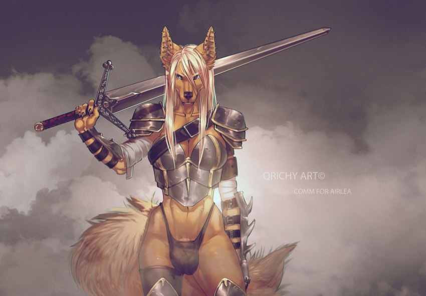 animal_genitalia armor balls clothed clothing dickgirl golden_jackal intersex melee_weapon qrichy sword weapon zilla_(airlea)