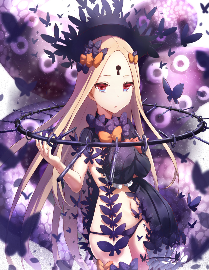 abigail_williams_(fate/grand_order) bangs black_bow black_dress black_hat blonde_hair bow bug butterfly commentary_request cowboy_shot dissolving_clothes dress eyebrows_visible_through_hair fate/grand_order fate_(series) forehead hair_bow hand_up hat highres insect key keyhole long_hair long_sleeves looking_at_viewer navel object_hug orange_bow panties parted_bangs parted_lips polka_dot polka_dot_bow purple_panties red_eyes sakaokasan sleeves_past_fingers sleeves_past_wrists solo stuffed_animal stuffed_toy teddy_bear tentacles underwear very_long_hair