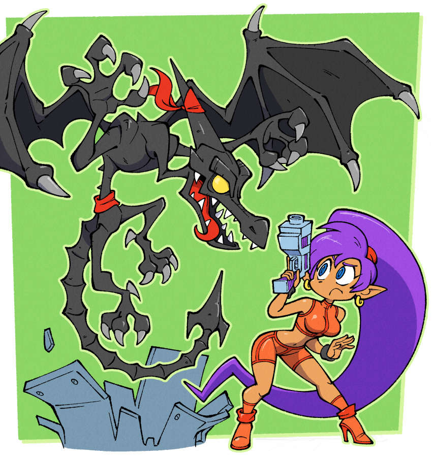 blue_eyes commentary cosplay crossover gun high_heels high_ponytail highres long_hair metroid nintendo pirate purple_hair red_bandana ridley samus_aran samus_aran_(cosplay) shantae_(character) shantae_(series) shenanimation spirit_(super_smash_bros.) super_smash_bros. super_smash_bros._ultimate tinkerbat tongue tongue_out wayforward weapon