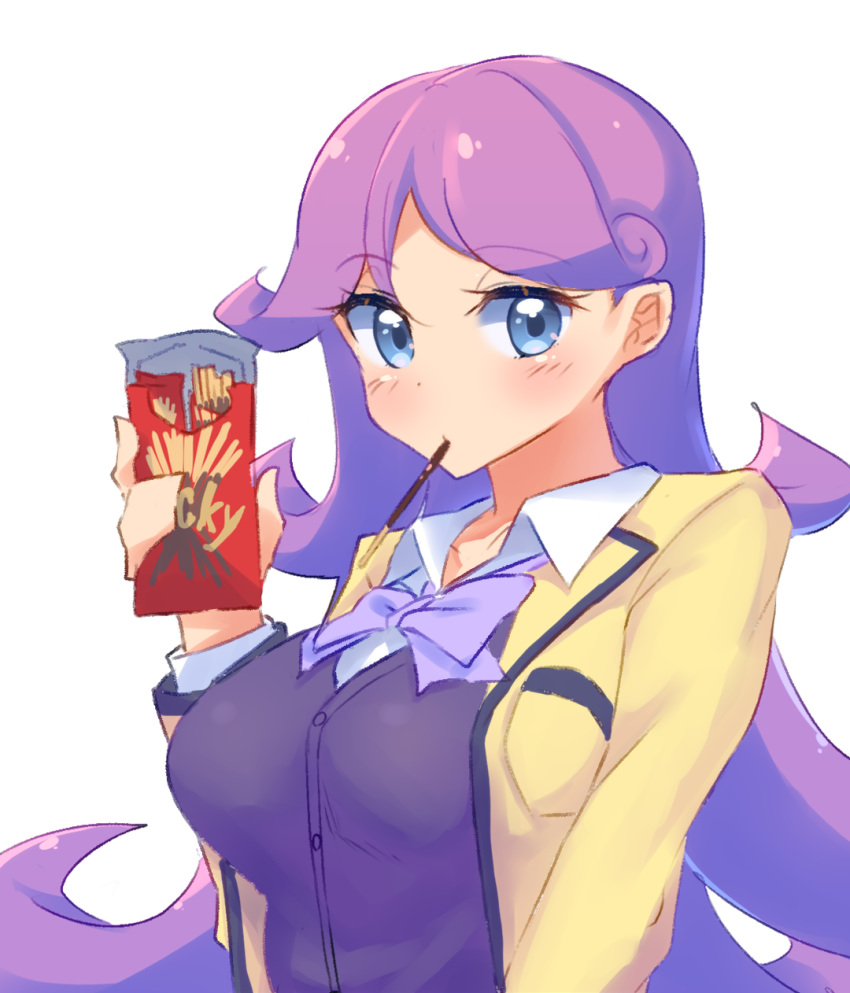 blazer blue_eyes blush bow breasts cardigan character_request closed_mouth collared_shirt commentary_request food food_in_mouth highres jacket kiratto_pri_chan large_breasts long_hair looking_at_viewer mouth_hold nitro_(mugityaoisii) open_blazer open_clothes open_jacket pocky pretty_(series) purple_bow purple_cardigan purple_hair shirt simple_background solo upper_body very_long_hair white_background white_shirt yellow_jacket