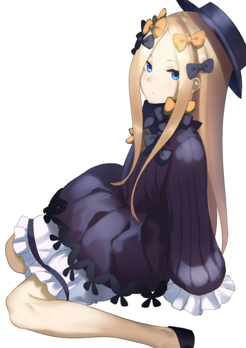 abigail_williams_(fate/grand_order) bad_id bad_pixiv_id bangs black_bow black_dress black_footwear black_hat blonde_hair bloomers blue_eyes bow bug butterfly closed_mouth commentary_request dress fate/grand_order fate_(series) forehead hair_bow hat highres insect long_hair long_sleeves looking_at_viewer muunyan_(yumenekoya) orange_bow parted_bangs polka_dot polka_dot_bow shoes simple_background sitting sleeves_past_fingers sleeves_past_wrists solo underwear very_long_hair wariza white_background white_bloomers