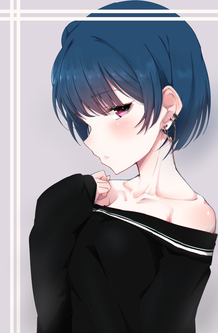 alternate_hair_length alternate_hairstyle bangs bare_shoulders black_shirt blue_hair blush clenched_hand collarbone commentary_request ear_piercing earrings grey_background half-closed_eyes hand_on_own_chest hand_up highres jewelry looking_at_viewer love_live! love_live!_sunshine!! nasuno_(nasuno42) off-shoulder_shirt piercing purple_eyes shirt short_hair solo tsushima_yoshiko upper_body