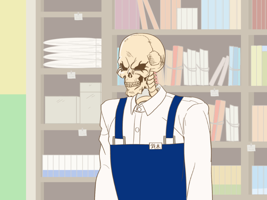 ainz_ooal_gown apron blue_apron book bookshelf gaikotsu_shotenin_honda-san highres honda-san imaani indoors long_sleeves overlord_(maruyama) shirt skeleton trait_connection uniform upper_body white_shirt