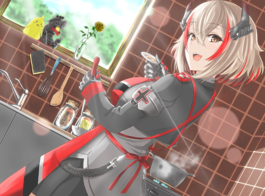 apron armband azur_lane bangs black_jacket blonde_hair blue_sky blush breasts brown_eyes chushou_wang commentary_request cooking cup cupboard day dutch_angle eyebrows_visible_through_hair fire flower from_behind hair_between_eyes headgear holding holding_cup holding_ladle iron_cross jacket jar ladle large_breasts long_sleeves looking_at_viewer looking_back multicolored_hair open_mouth oven pleated_skirt pot red_hair roon_(azur_lane) rose short_hair sink skirt sky smile solo spatula sponge stove streaked_hair sunlight vase whisk yellow_flower yellow_rose
