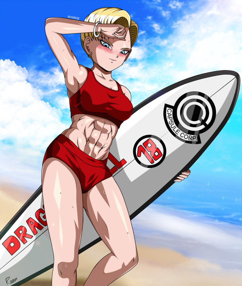 abs android_18 arm_up armpits bangle beach bikini blonde_hair blue_eyes blue_sky blush bracelet breasts closed_mouth cloud copyright_name day dragon_ball earrings feet_out_of_frame highres holding ise_(isejp1) jewelry looking_at_viewer medium_breasts muscle muscular_female navel ocean outdoors red_bikini short_hair sky smile solo standing surfboard sweat swimsuit tankini twitter_username water