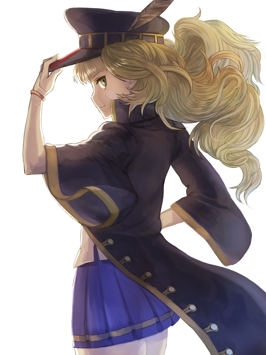 absurdres black_hat blonde_hair blue_skirt closed_mouth from_side granblue_fantasy green_eyes hand_on_headwear hat hat_feather highres long_hair looking_at_viewer monica_weisswind okitsune_(kitsunegako) peaked_cap pleated_skirt profile skirt smile solo twintails white_background white_legwear