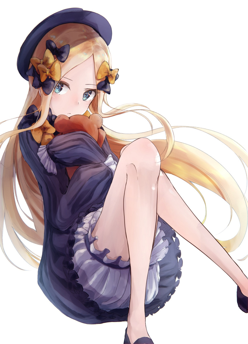 abigail_williams_(fate/grand_order) bangs black_bow black_dress black_footwear black_hat blonde_hair bloomers blue_eyes blush bow bug butterfly closed_mouth commentary_request dress eyebrows_visible_through_hair fate/grand_order fate_(series) feet_out_of_frame forehead fuyukeu hair_bow hat highres insect long_hair long_sleeves looking_at_viewer object_hug orange_bow parted_bangs shoes simple_background sleeves_past_fingers sleeves_past_wrists solo stuffed_animal stuffed_toy teddy_bear underwear very_long_hair white_background white_bloomers