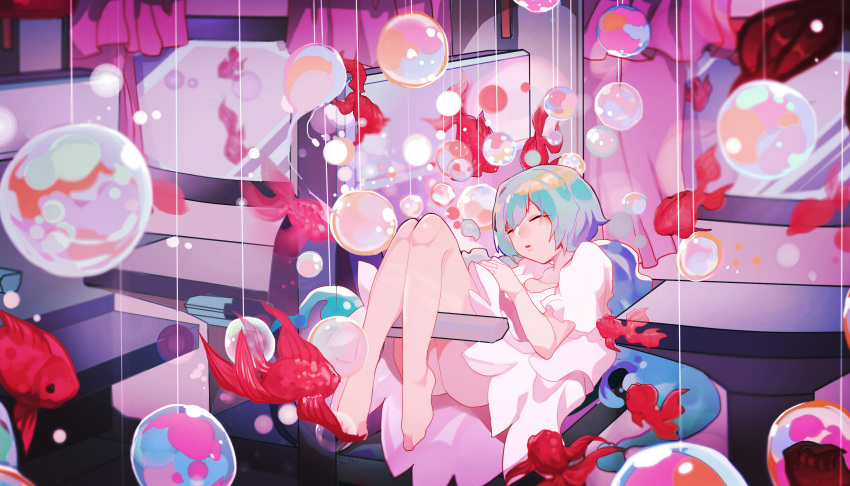 bare_legs barefoot blue_hair bottle_miku closed_eyes commentary_request couch dress fish goldfish gradient_hair haikei_natsu_ni_oboreru_(vocaloid) hatsune_miku highres indoors interior knees_up koi long_hair lying multicolored_hair parted_lips solo table very_long_hair vocaloid wallpaper water_drop white_dress wu_se_bu_hui_(940164887)