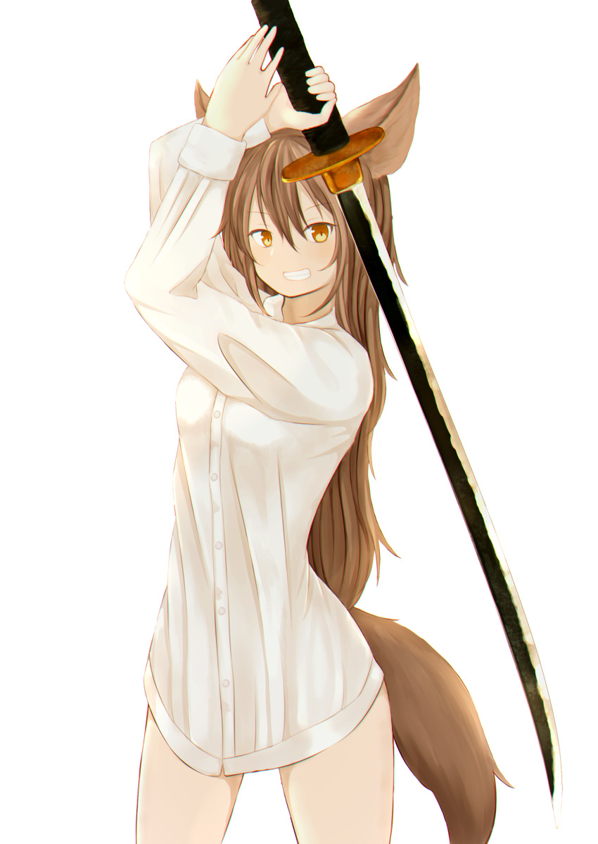 absurdres animal_ears breasts brown_hair commentary_request dress_shirt grin highres holding holding_sword holding_weapon katana long_hair long_sleeves medium_breasts naked_shirt nekonohayashiro original shirt simple_background smile sword weapon white_background white_shirt yellow_eyes