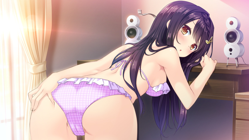 ass bekotarou blush bra game_cg long_hair panties pulltop pure_song_garden! purple_hair shimokuni_asuka underwear